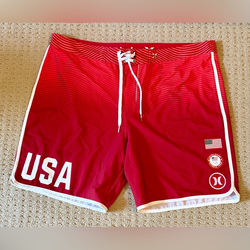 Hurley Red Men's USA Swim Board Shorts with White Trim, Size 42 waist, like new!
